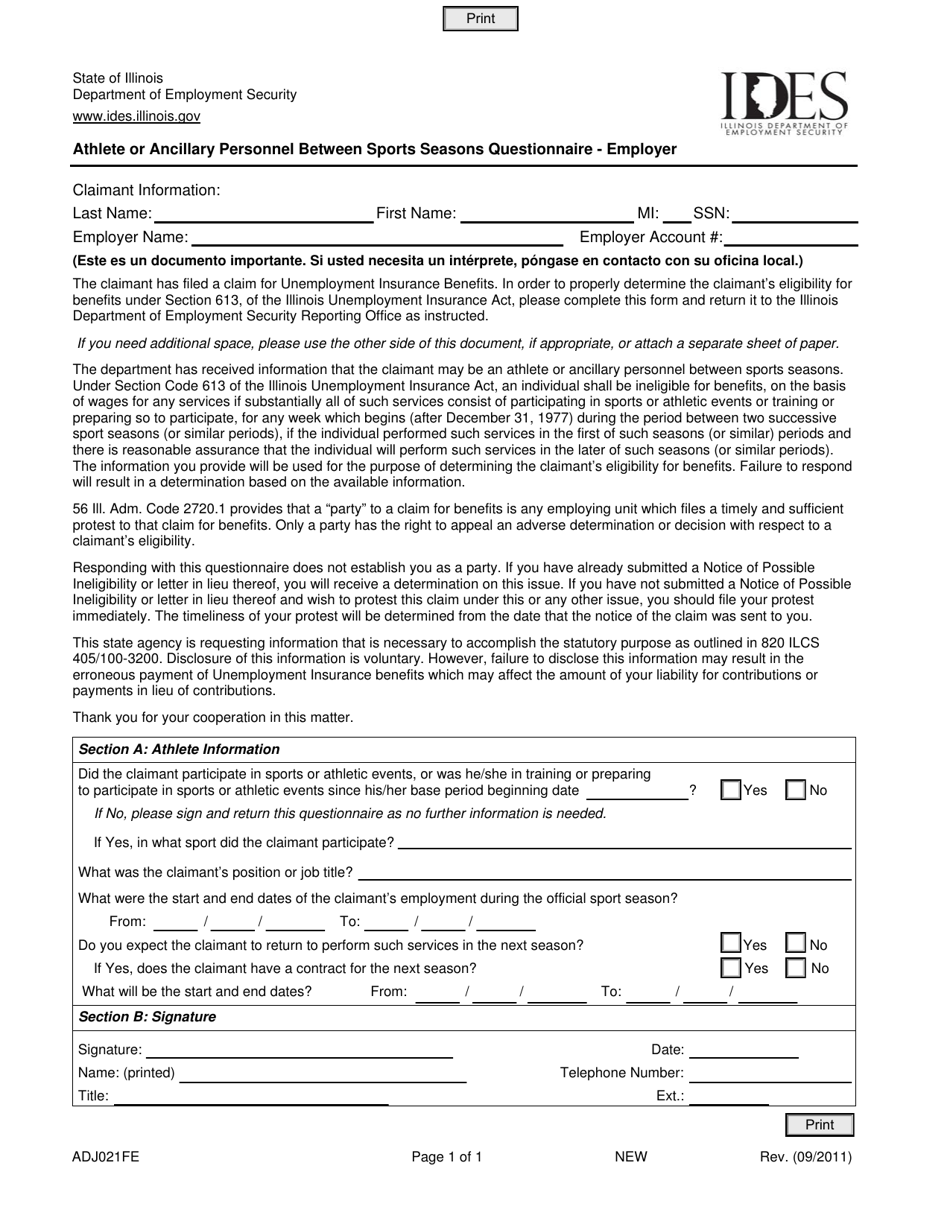 Form ADJ021FE Athlete or Ancillary Personnel Between Sports Seasons Questionnaire - Employer - Illinois, Page 1