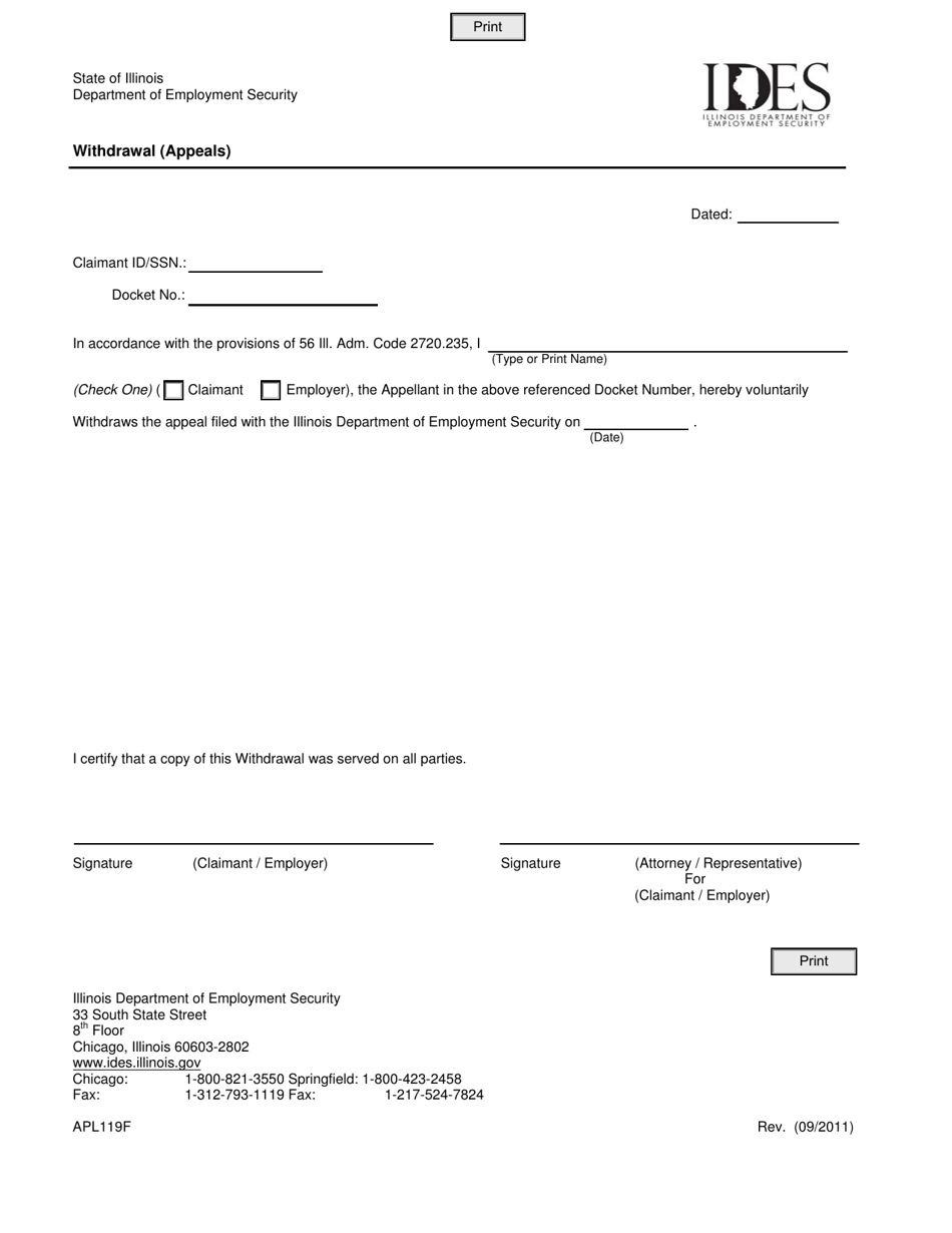 Form APL119F Withdrawal (Appeals) - Illinois, Page 1