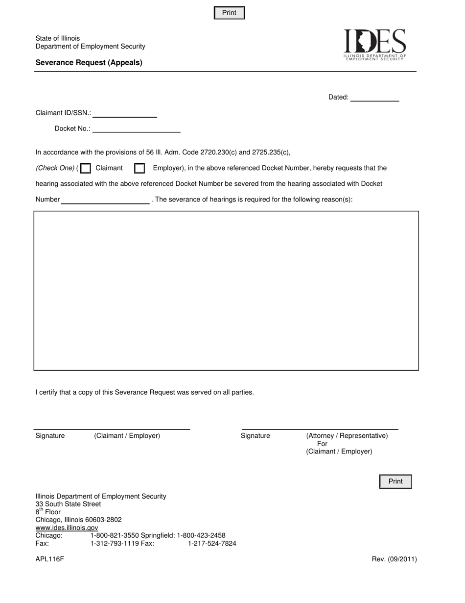 Form APL116F Severance Request (Appeals) - Illinois, Page 1