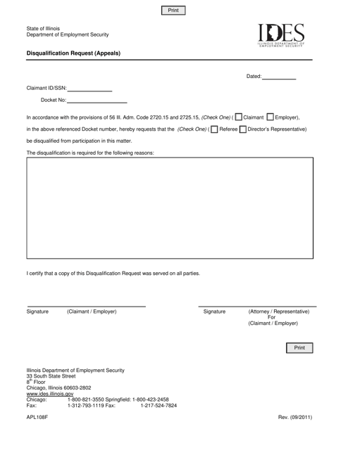 Form APL108F Disqualification Request (Appeals) - Illinois