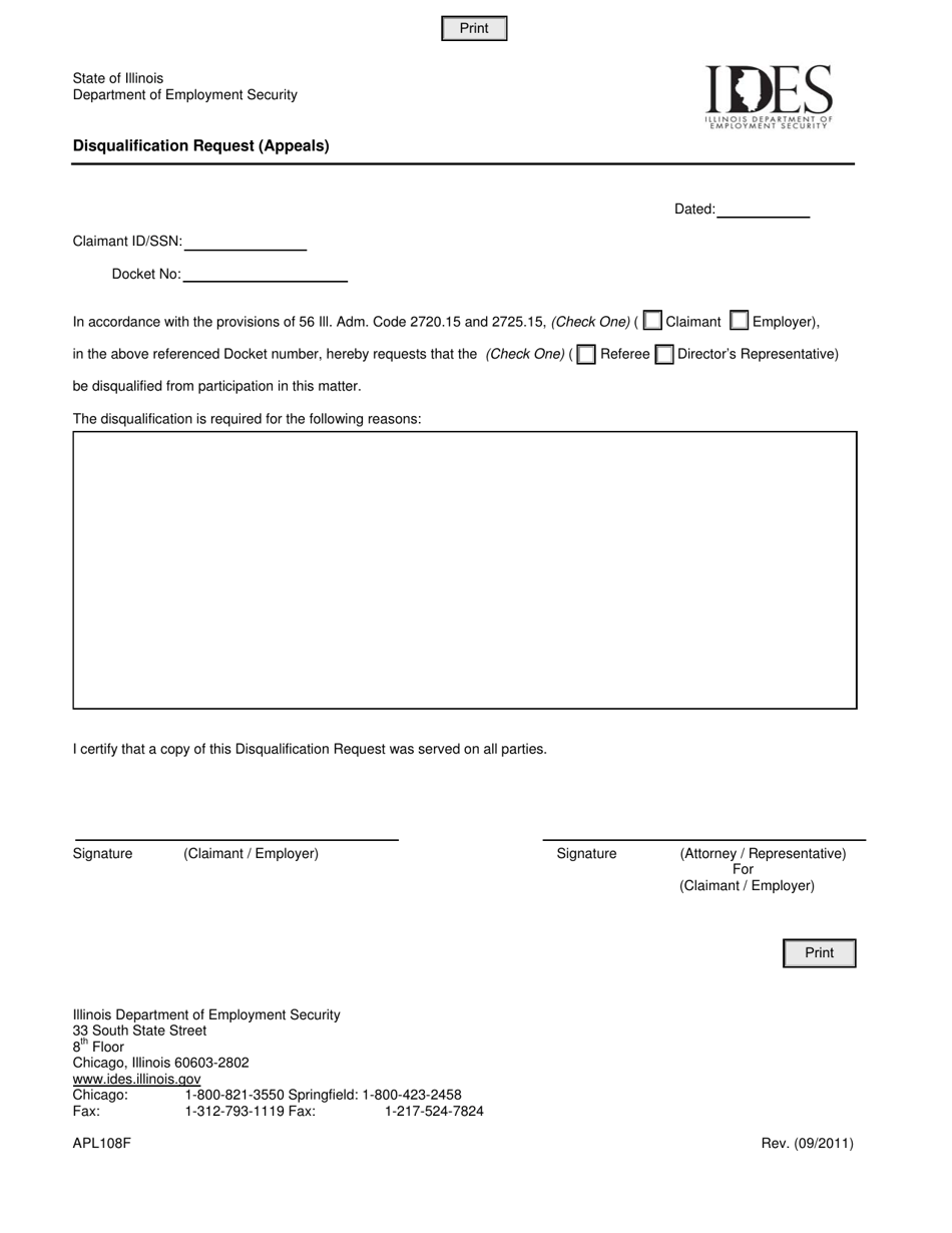 Form APL108F Disqualification Request (Appeals) - Illinois, Page 1