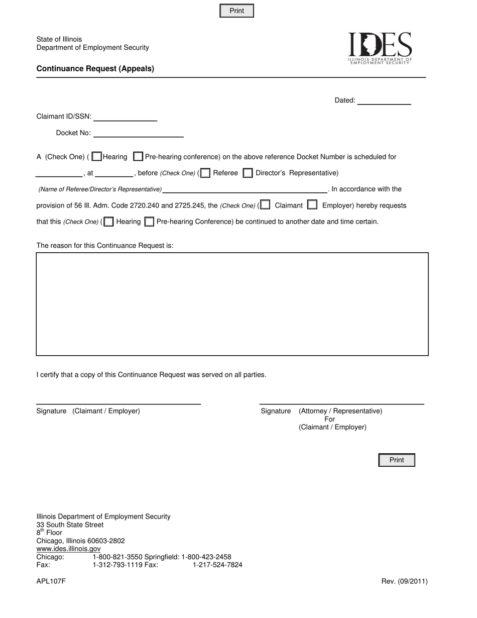 Form APL107F Continuance Request (Appeals) - Illinois, Page 1