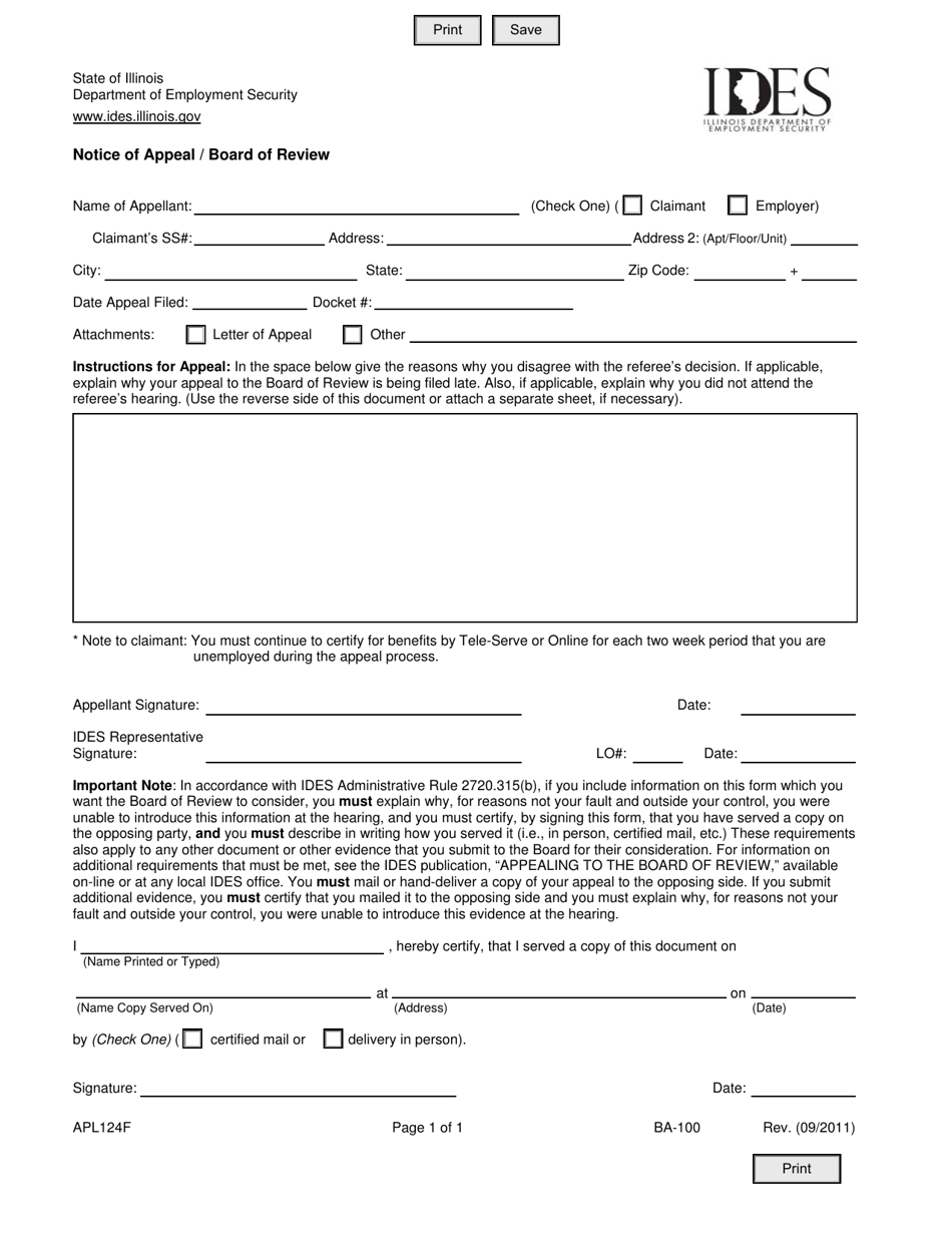 Form APL124F Notice of Appeal / Board of Review - Illinois, Page 1