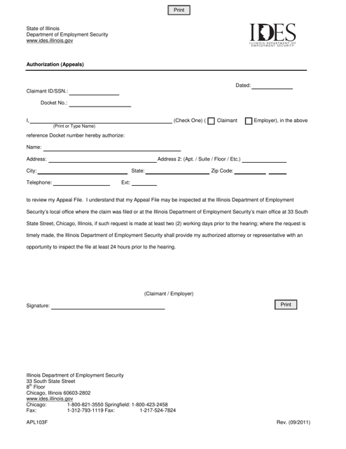 Form APL103F Authorization (Appeals) - Illinois
