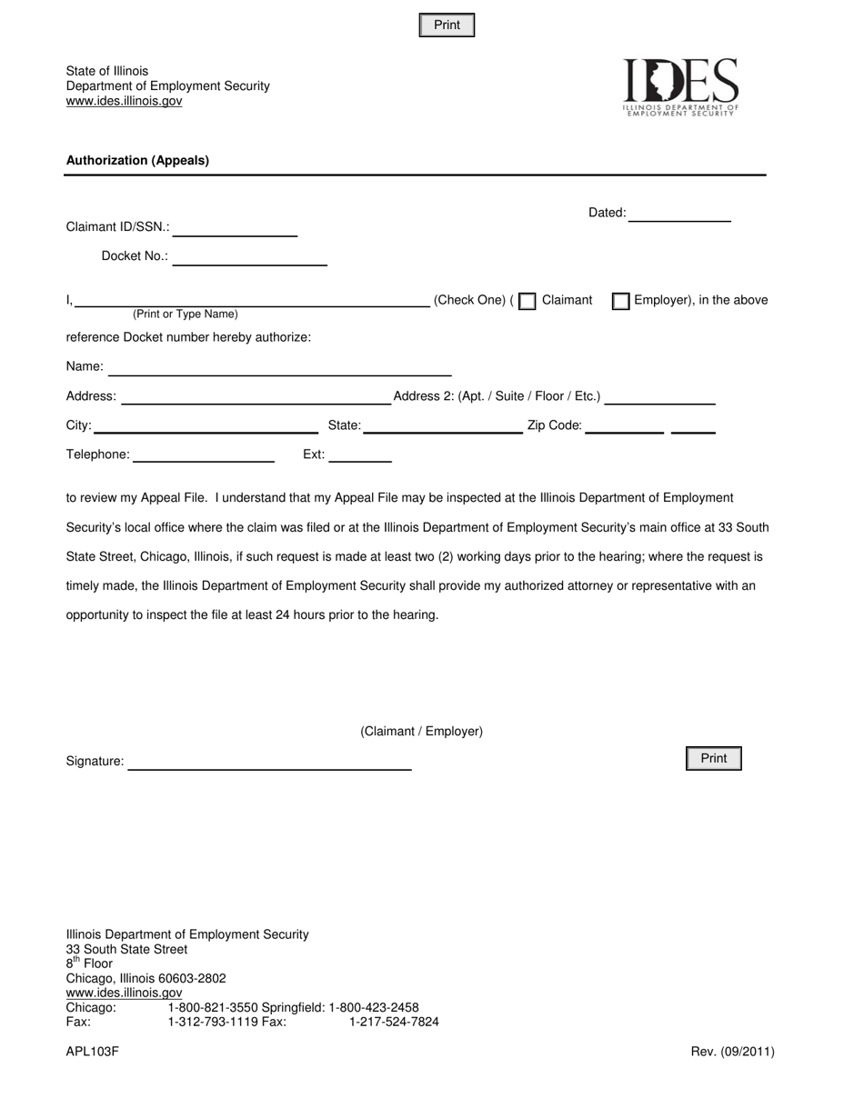 Form APL103F Authorization (Appeals) - Illinois, Page 1