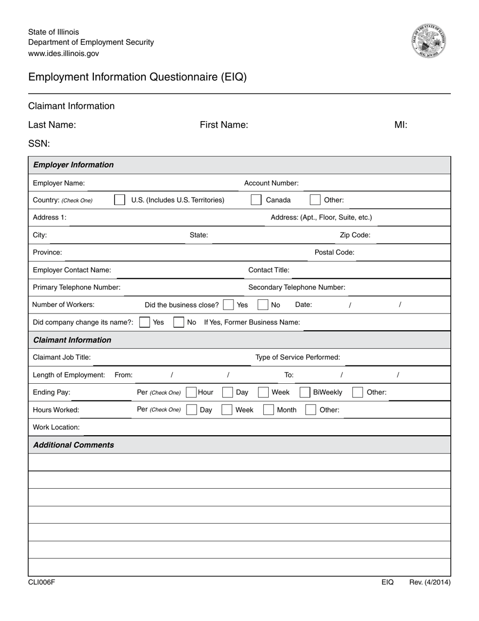 Form CLI006F Employment Information Questionnaire (Eiq) - Illinois, Page 1
