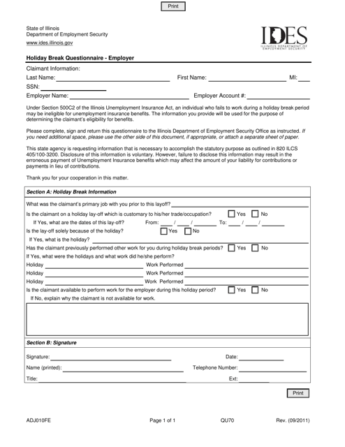 Form ADJ010FE Holiday Break Questionnaire - Employer - Illinois