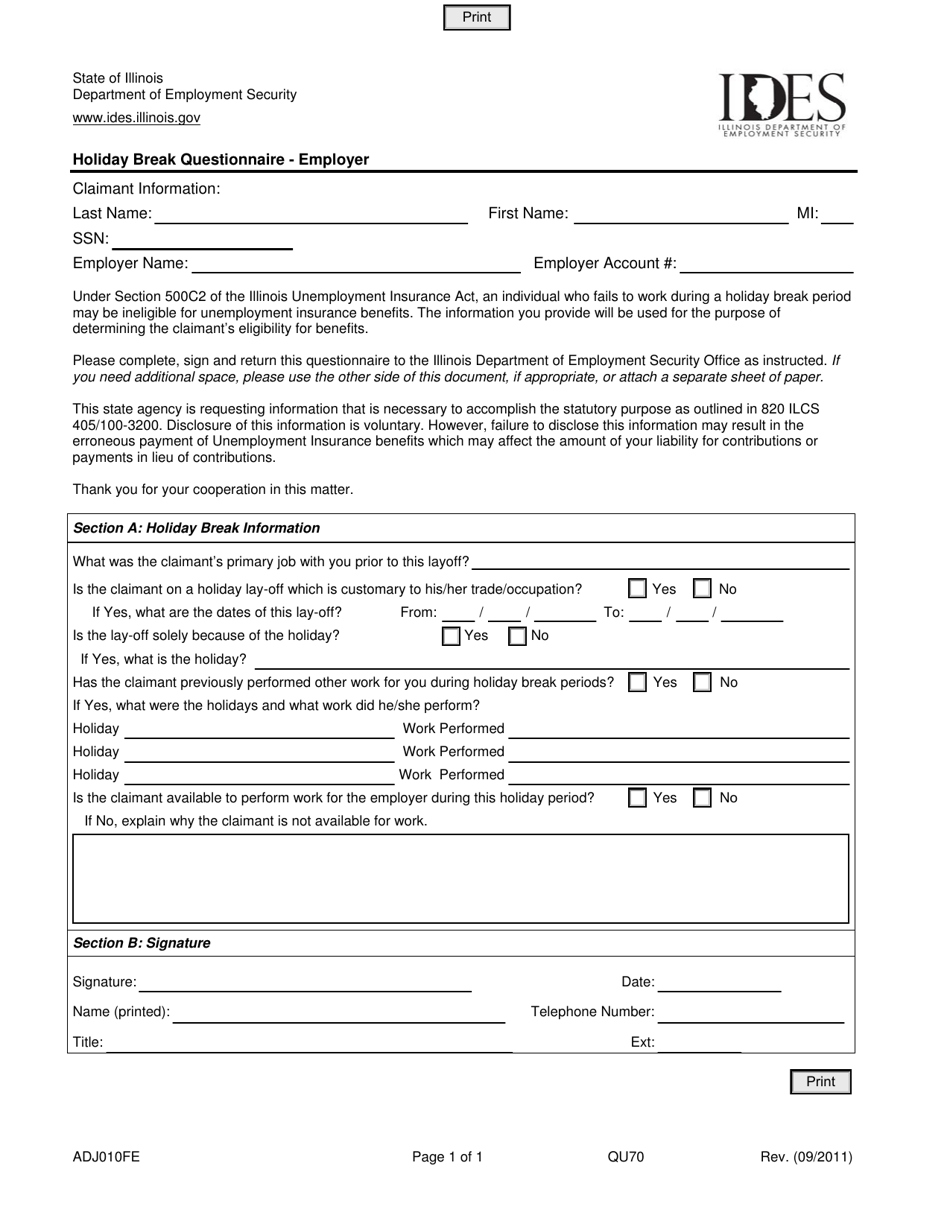 Form ADJ010FE Holiday Break Questionnaire - Employer - Illinois, Page 1