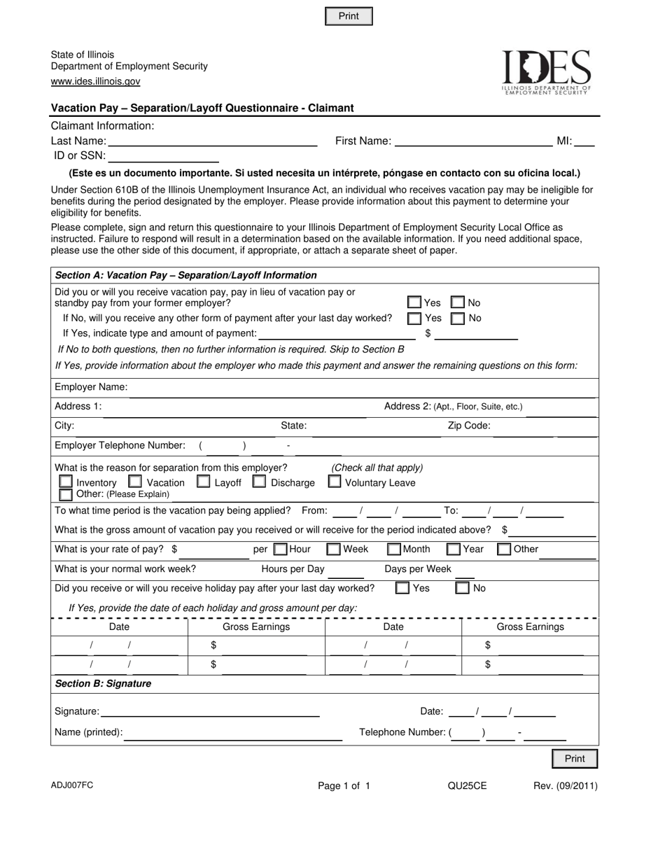 Form ADJ007FC Vacation Pay - Separation / Layoff Questionnaire - Claimant - Illinois, Page 1