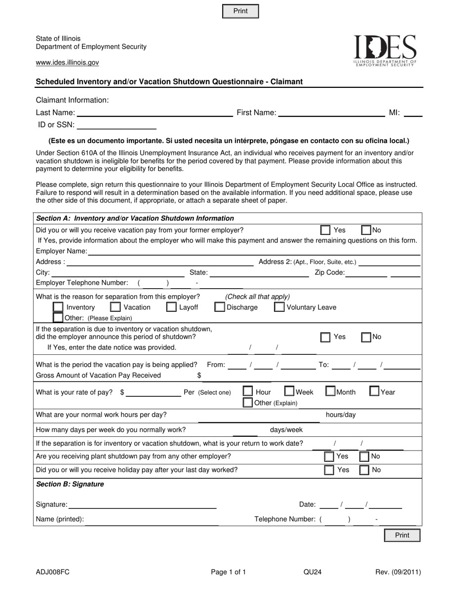 Form ADJ008FC Scheduled Inventory and / or Vacation Shutdown Questionnaire - Claimant - Illinois, Page 1