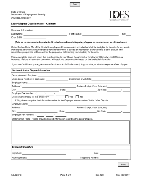 Form ADJ028FC Labor Dispute Questionnaire - Claimant - Illinois