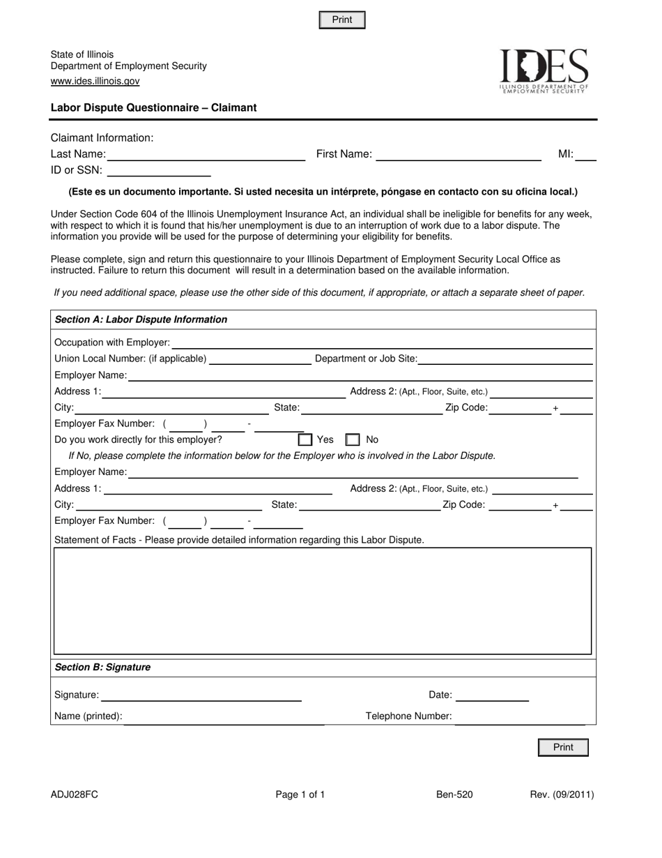 Form ADJ028FC Labor Dispute Questionnaire - Claimant - Illinois, Page 1