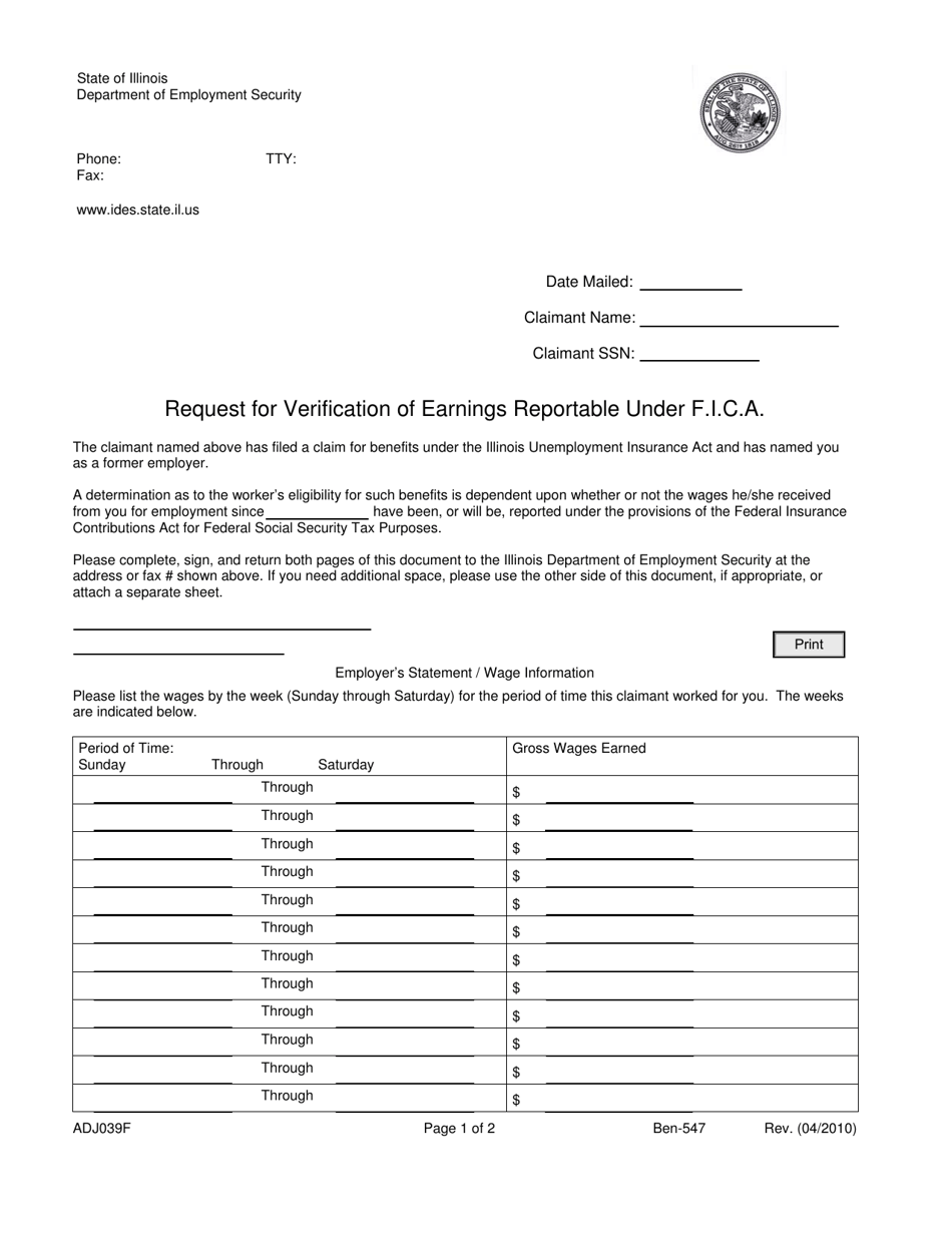 Form ADJ039F Request for Verification of Earnings Reportable Under F.i.c.a. - Illinois, Page 1