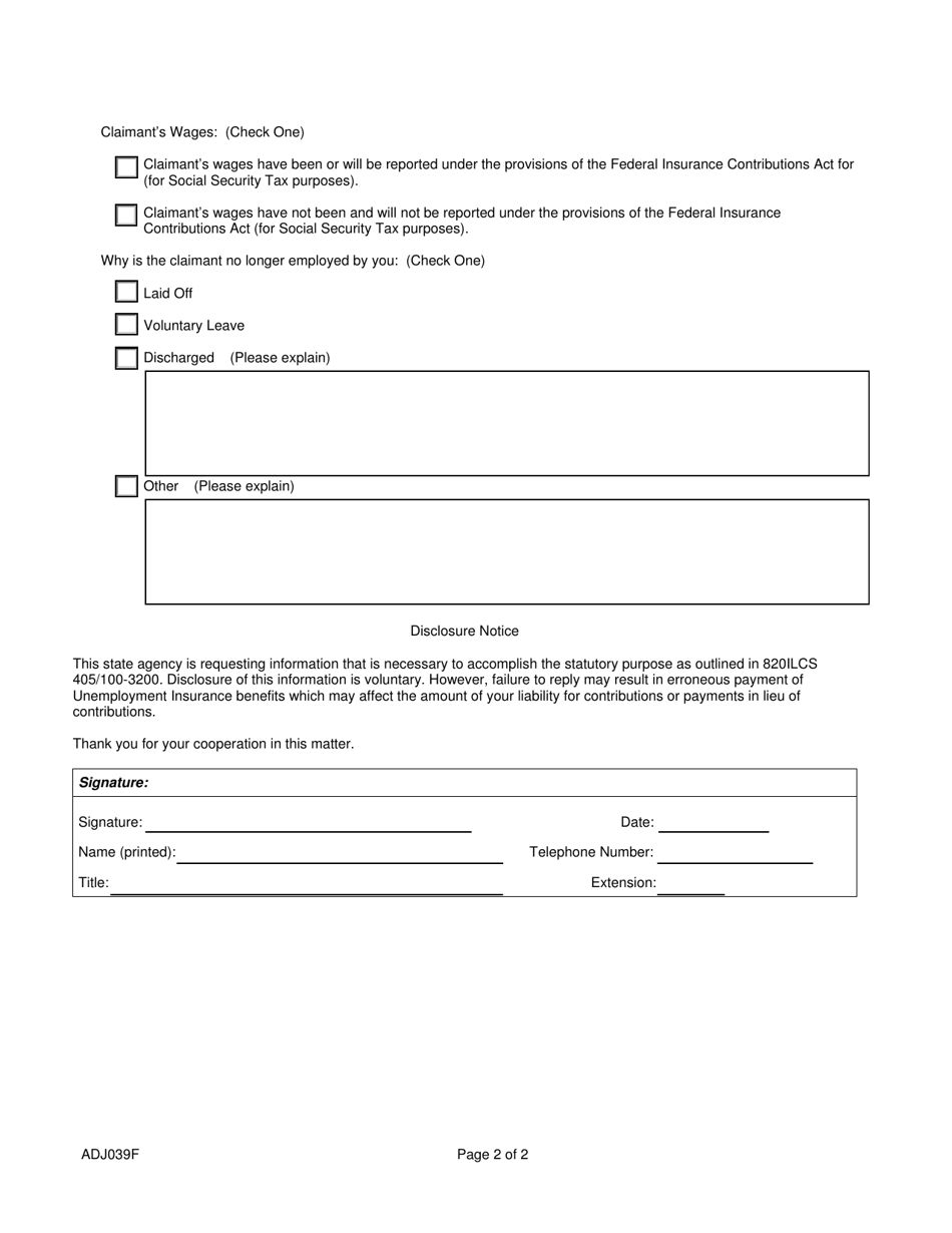 Form ADJ039F Request for Verification of Earnings Reportable Under F.i.c.a. - Illinois, Page 2