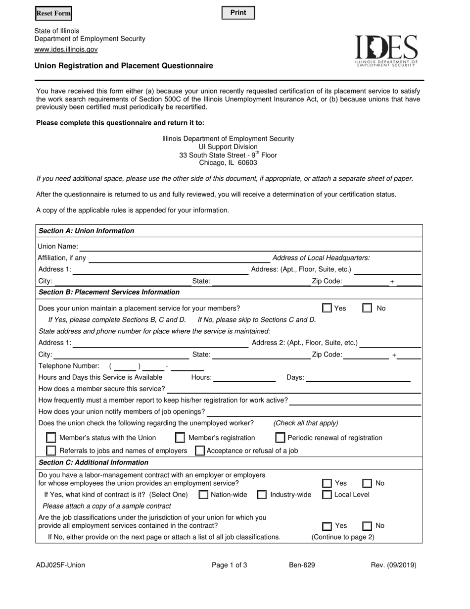 Form ADJ025F Union Registration and Placement Questionnaire - Illinois, Page 1