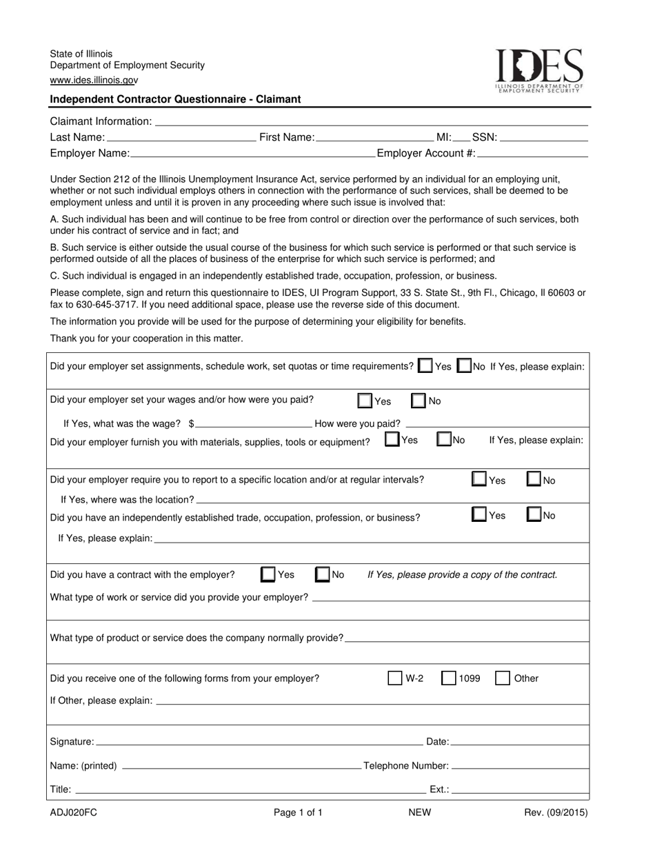 Form ADJ020FC Independent Contractor Questionnaire - Claimant - Illinois, Page 1