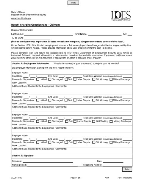 Form ADJ011FC Benefit Charging Questionnaire - Claimant - Illinois