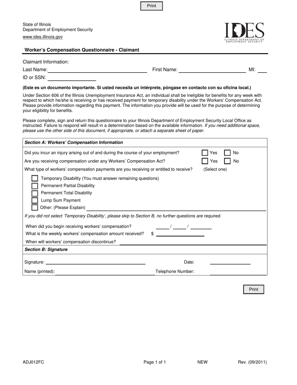 Form ADJ012FC Workers Compensation Questionnaire - Claimant - Illinois, Page 1