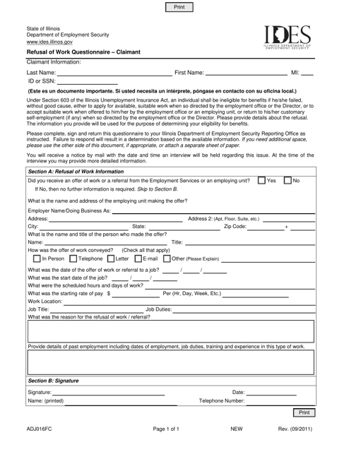 Form ADJ016FC Refusal of Work Questionnaire - Claimant - Illinois