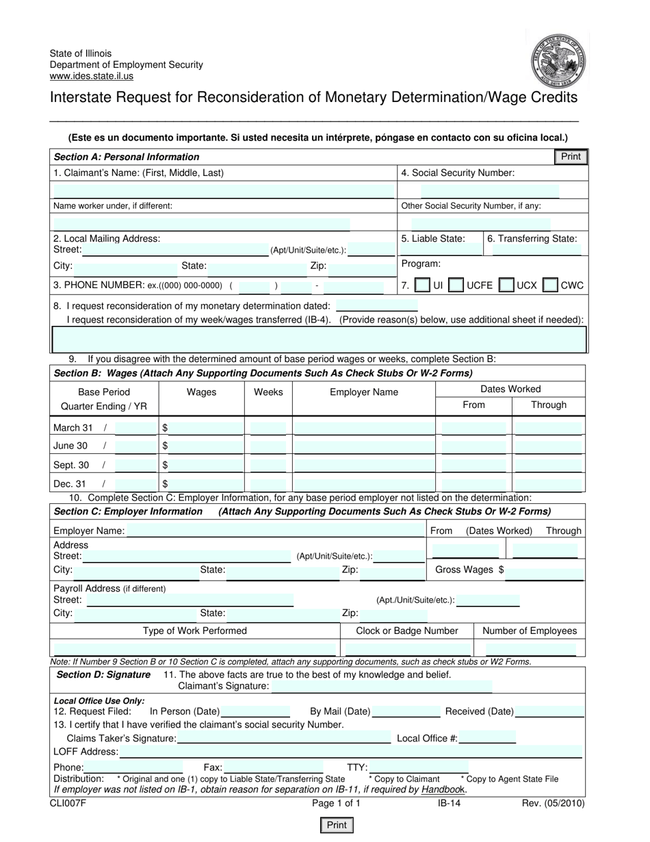 Form CLI007F Interstate Request for Reconsideration of Monetary Determination / Wage Credits - Illinois, Page 1