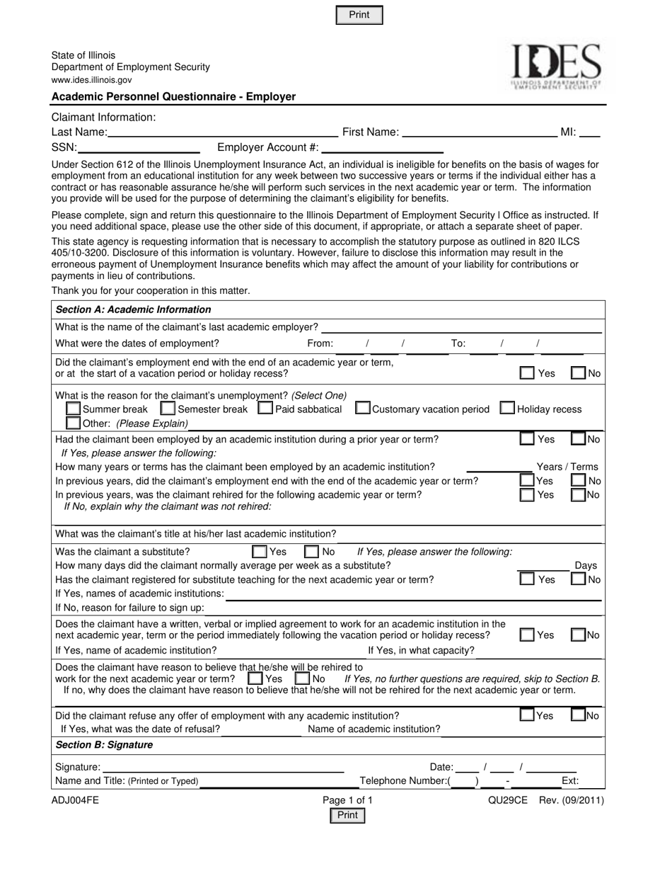 Form ADJ004FE Academic Personnel Questionnaire - Employer - Illinois, Page 1