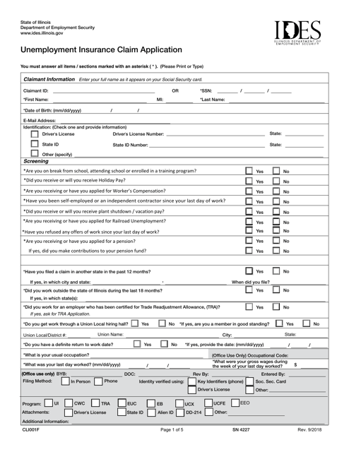 Form CLI001F Unemployment Insurance Claim Application - Illinois