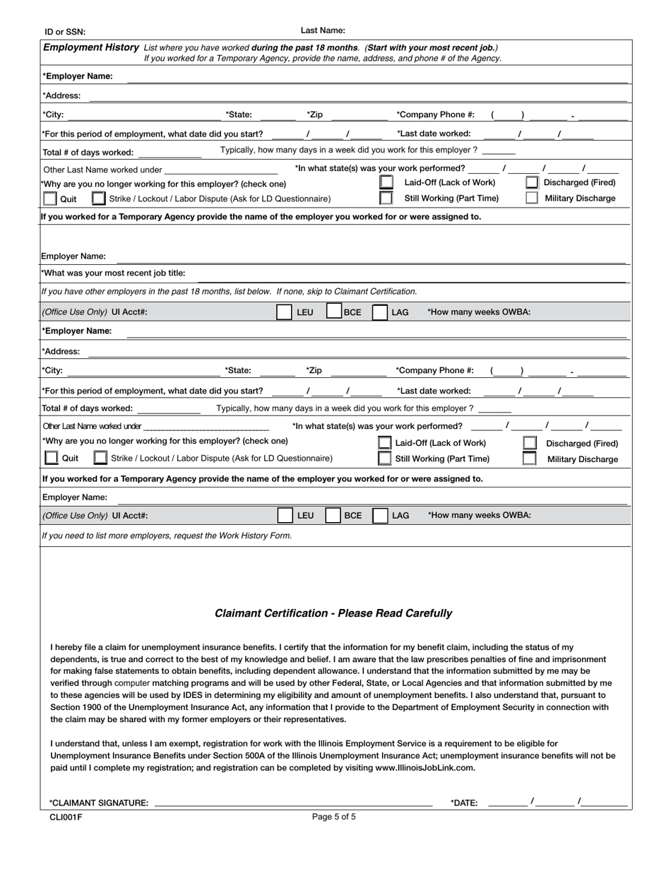 Form CLI001F Unemployment Insurance Claim Application - Illinois, Page 5