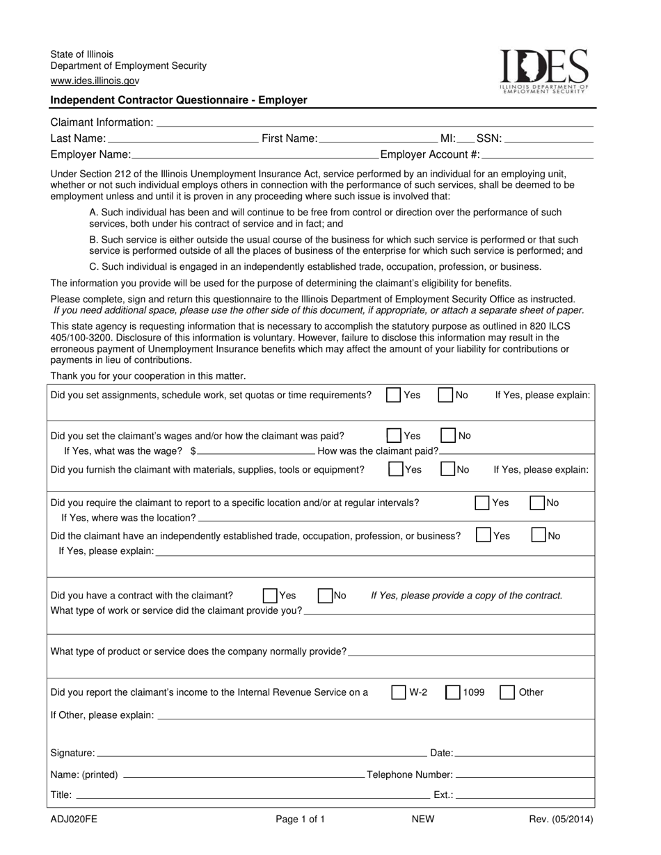 Form ADJ020FE Independent Contractor Questionnaire - Employer - Illinois, Page 1