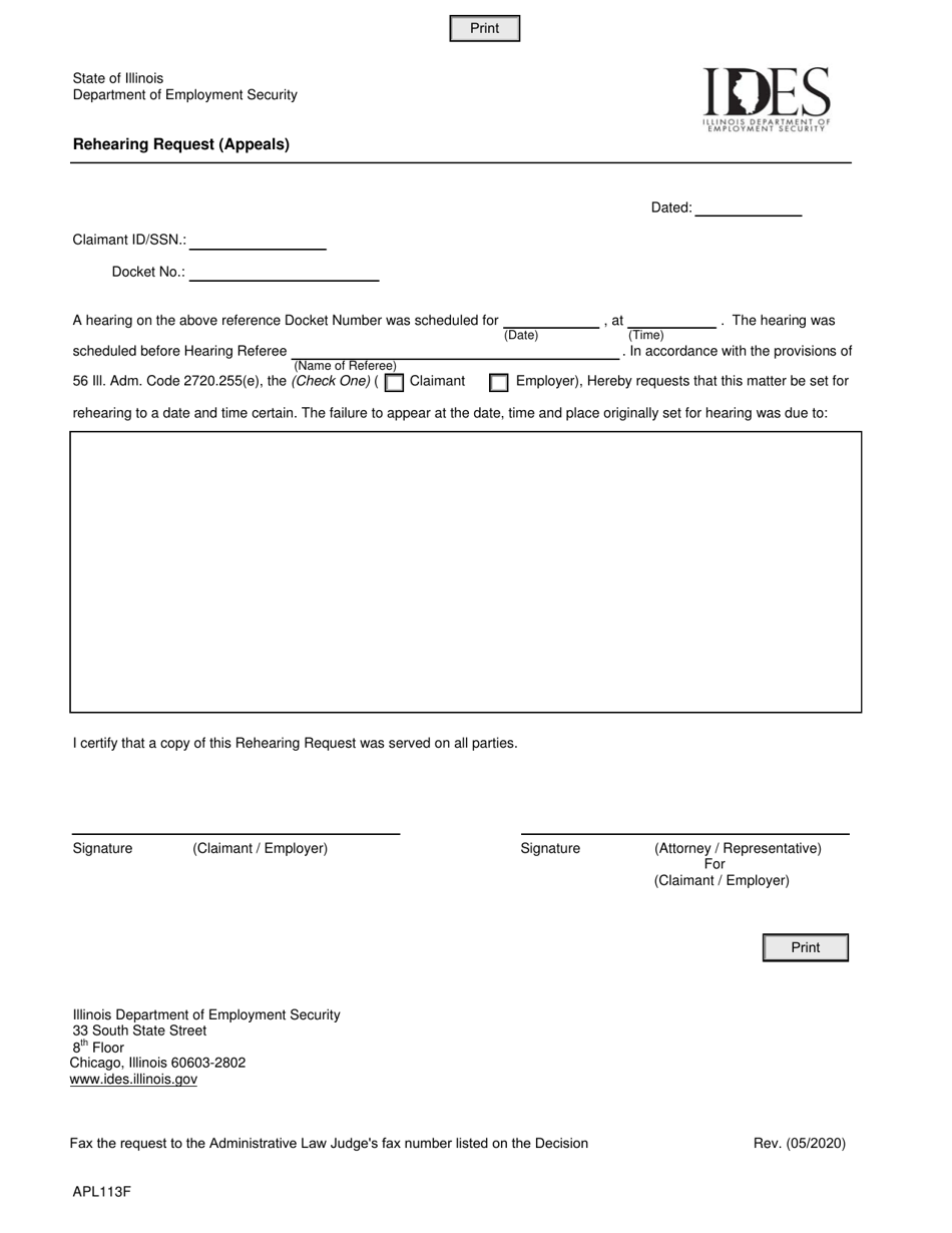 Form APL113F Rehearing Request (Appeals) - Illinois, Page 1