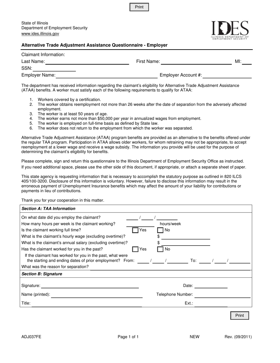 Form ADJ037FE Alternative Trade Adjustment Assistance Questionnaire - Employer - Illinois, Page 1