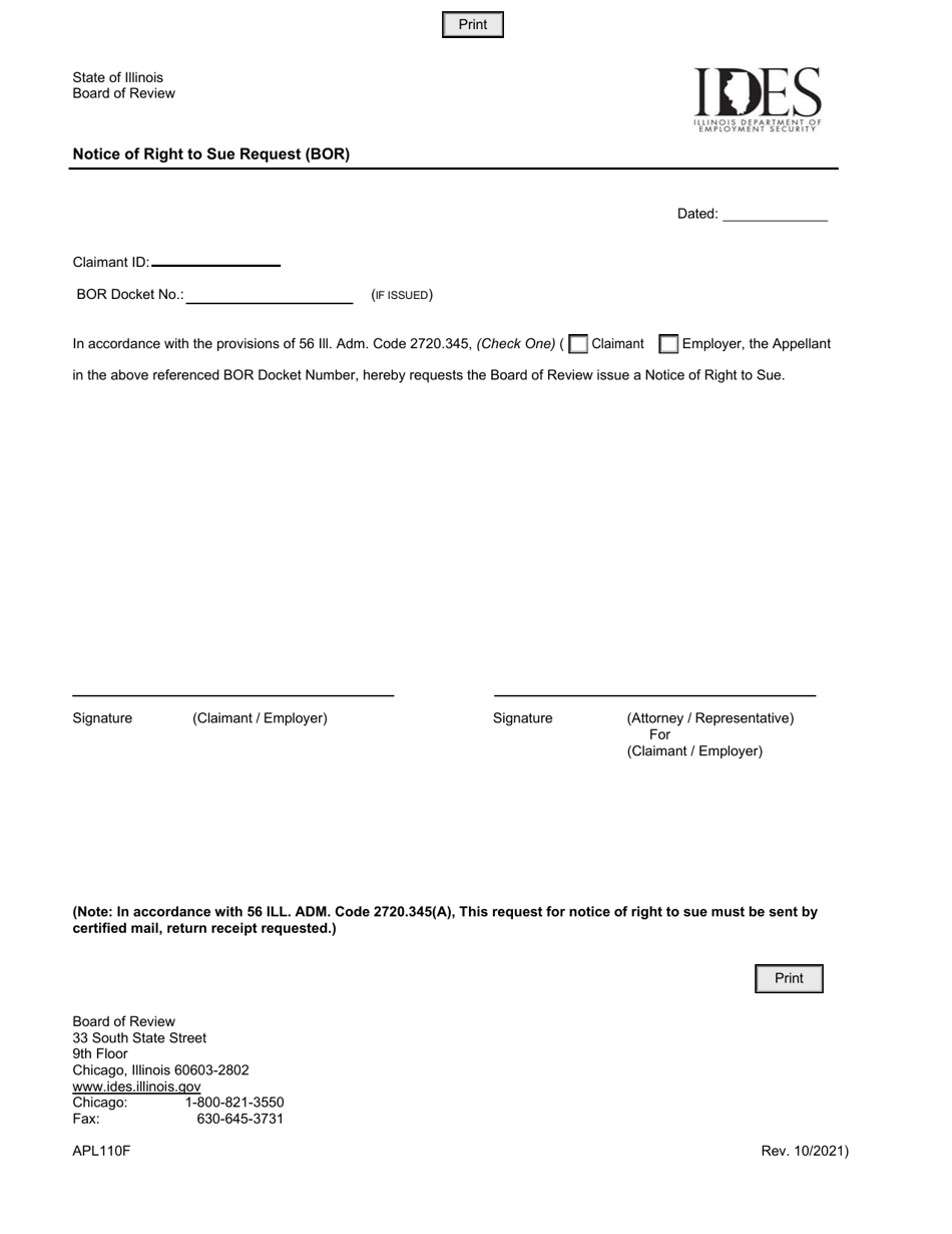 Form APL110F Notice of Right to Sue Request (Bor) - Illinois, Page 1