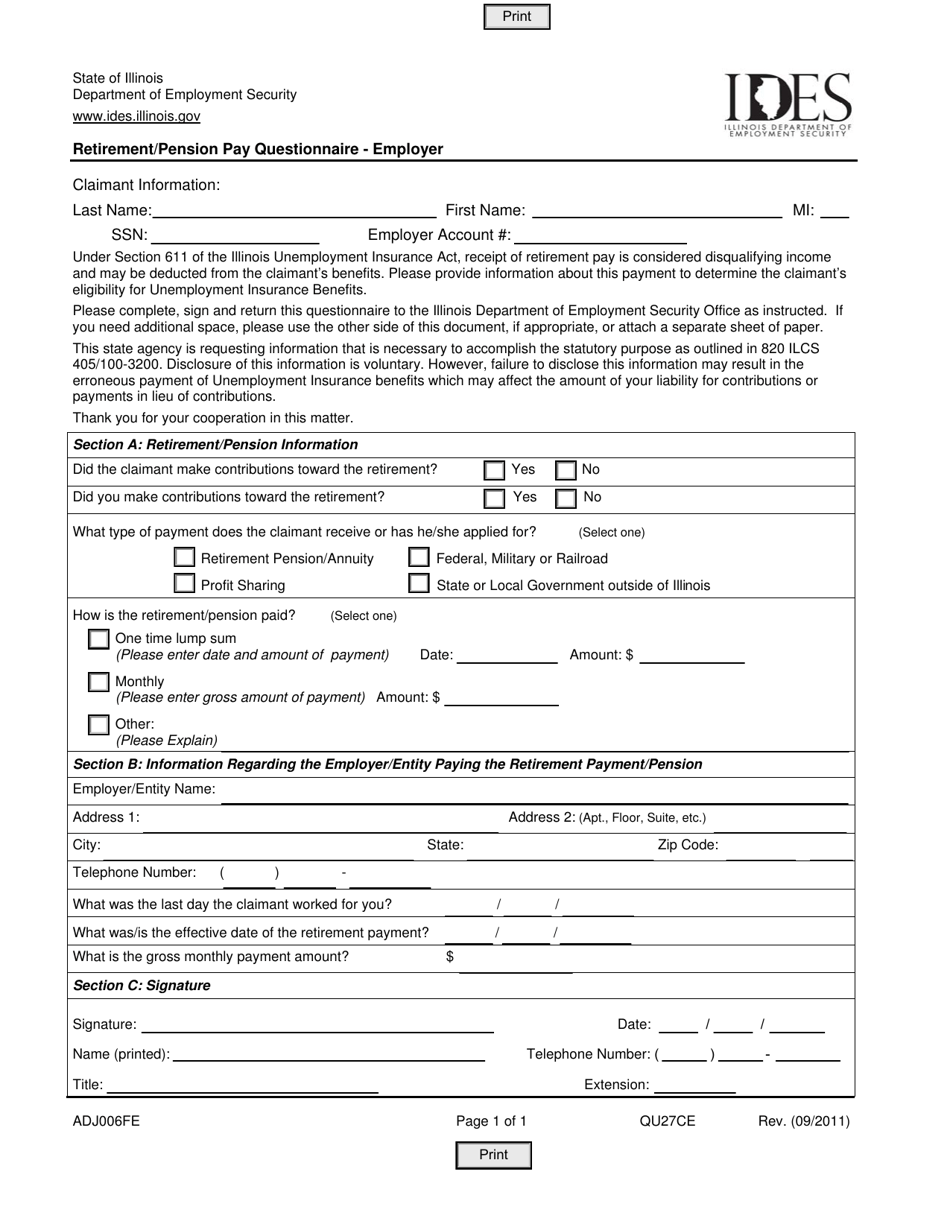 Form ADJ006FE Retirement / Pension Pay Questionnaire - Employer - Illinois, Page 1