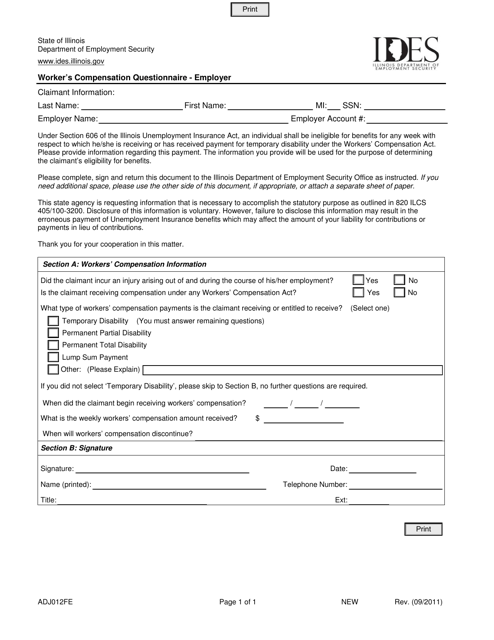 Form ADJ012FE Worker's Compensation Questionnaire - Employer - Illinois