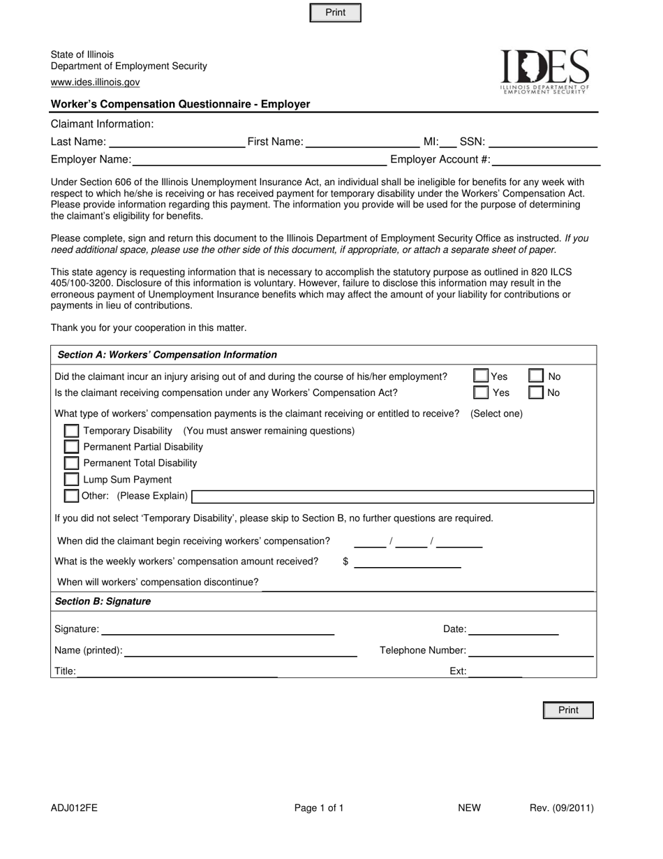 Form ADJ012FE Workers Compensation Questionnaire - Employer - Illinois, Page 1