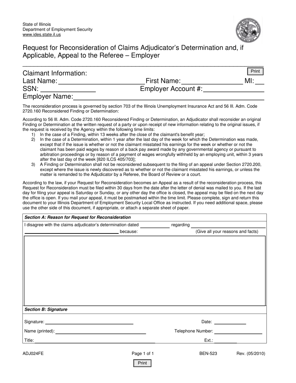 Form ADJ024FE Request for Reconsideration of Claims Adjudicators Determination and, if Applicable, Appeal to the Referee - Employer - Illinois, Page 1