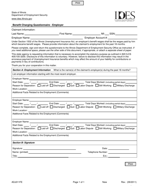 Form ADJ011FE Benefit Charging Questionnaire - Employer - Illinois
