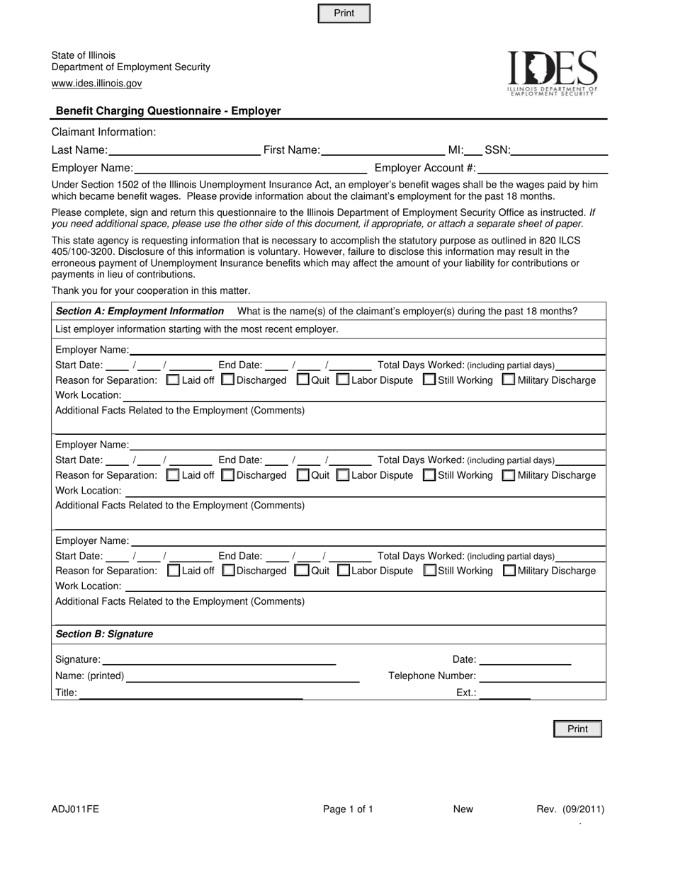Form ADJ011FE Benefit Charging Questionnaire - Employer - Illinois, Page 1