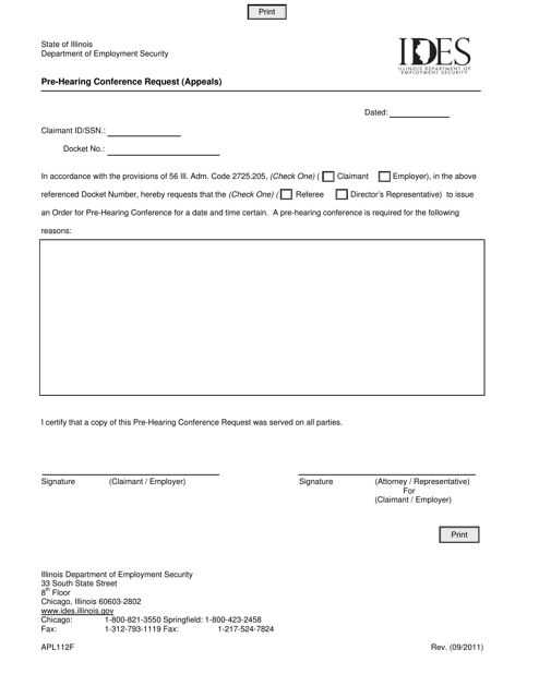 Form APL112F Pre-hearing Conference Request (Appeals) - Illinois