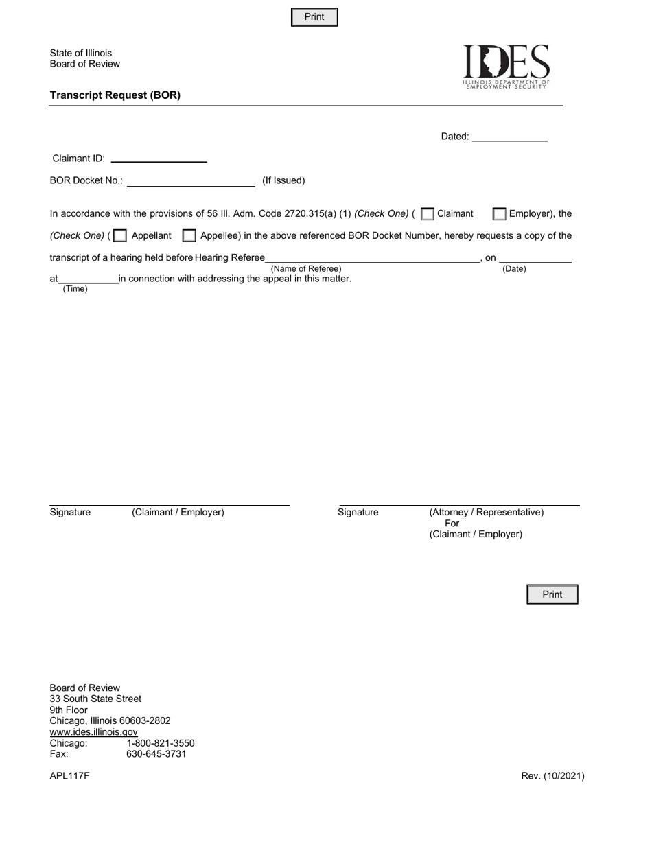 Form APL117F Transcript Request (Bor) - Illinois, Page 1