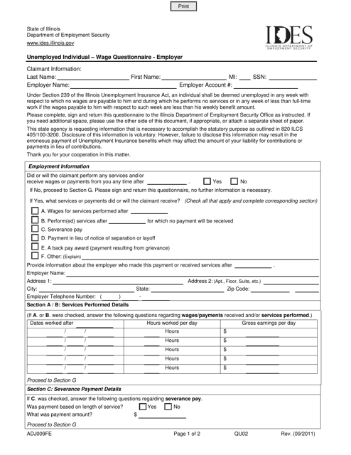 Form ADJ009FE Unemployed Individual - Wage Questionnaire - Employer - Illinois