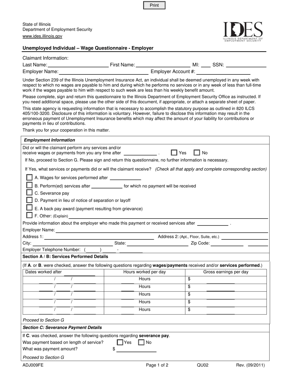 Form ADJ009FE Unemployed Individual - Wage Questionnaire - Employer - Illinois, Page 1