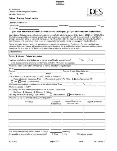 Form ADJ031FC School/Training Questionnaire - Illinois