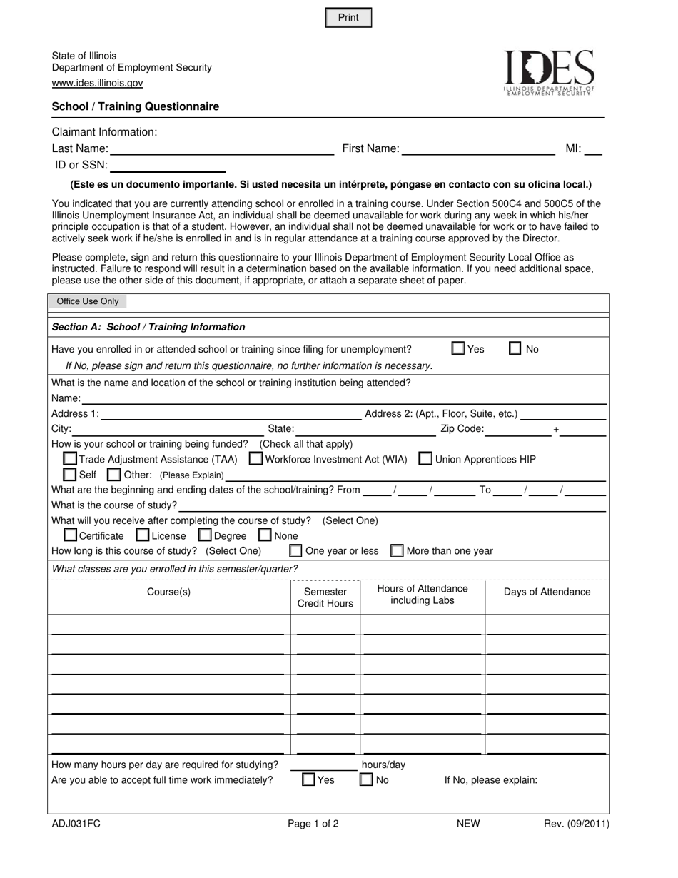 Form ADJ031FC School / Training Questionnaire - Illinois, Page 1