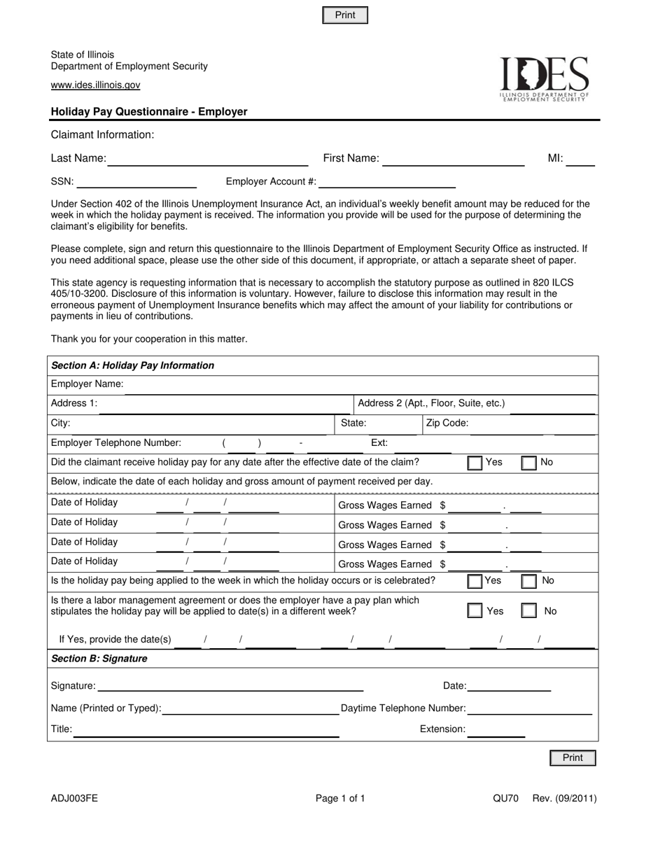 Form ADJ003FE Holiday Pay Questionnaire - Employer - Illinois, Page 1