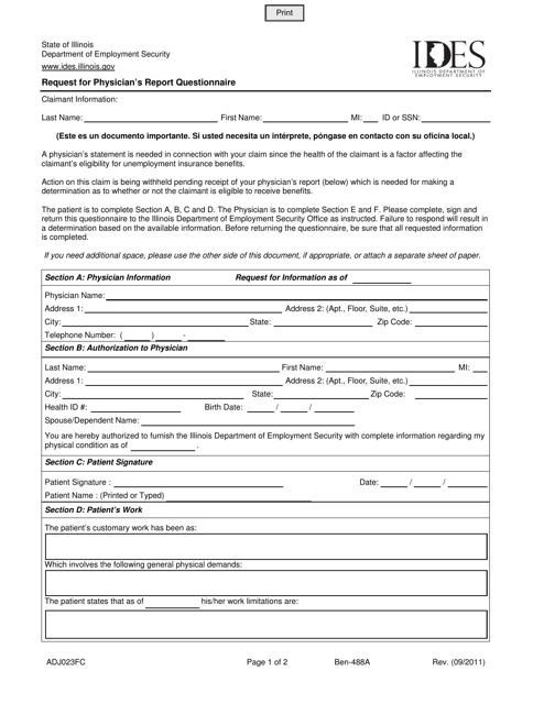 Form ADJ023FC Request for Physician's Report Questionnaire - Illinois