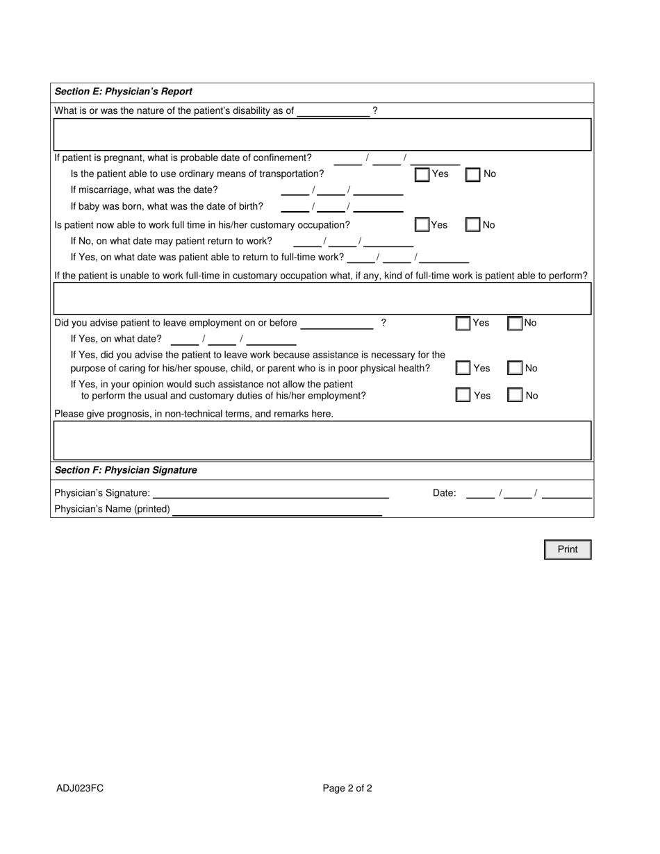 Form ADJ023FC Request for Physicians Report Questionnaire - Illinois, Page 2
