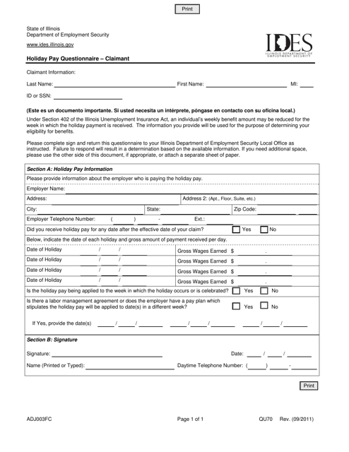 Form ADJ003FC Holiday Pay Questionnaire - Claimant - Illinois