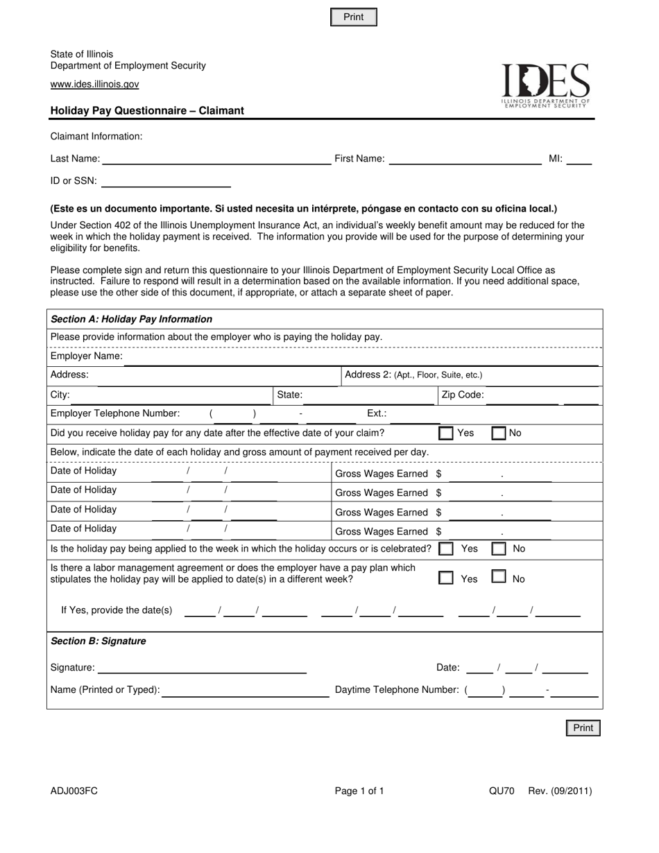 Form ADJ003FC Holiday Pay Questionnaire - Claimant - Illinois, Page 1