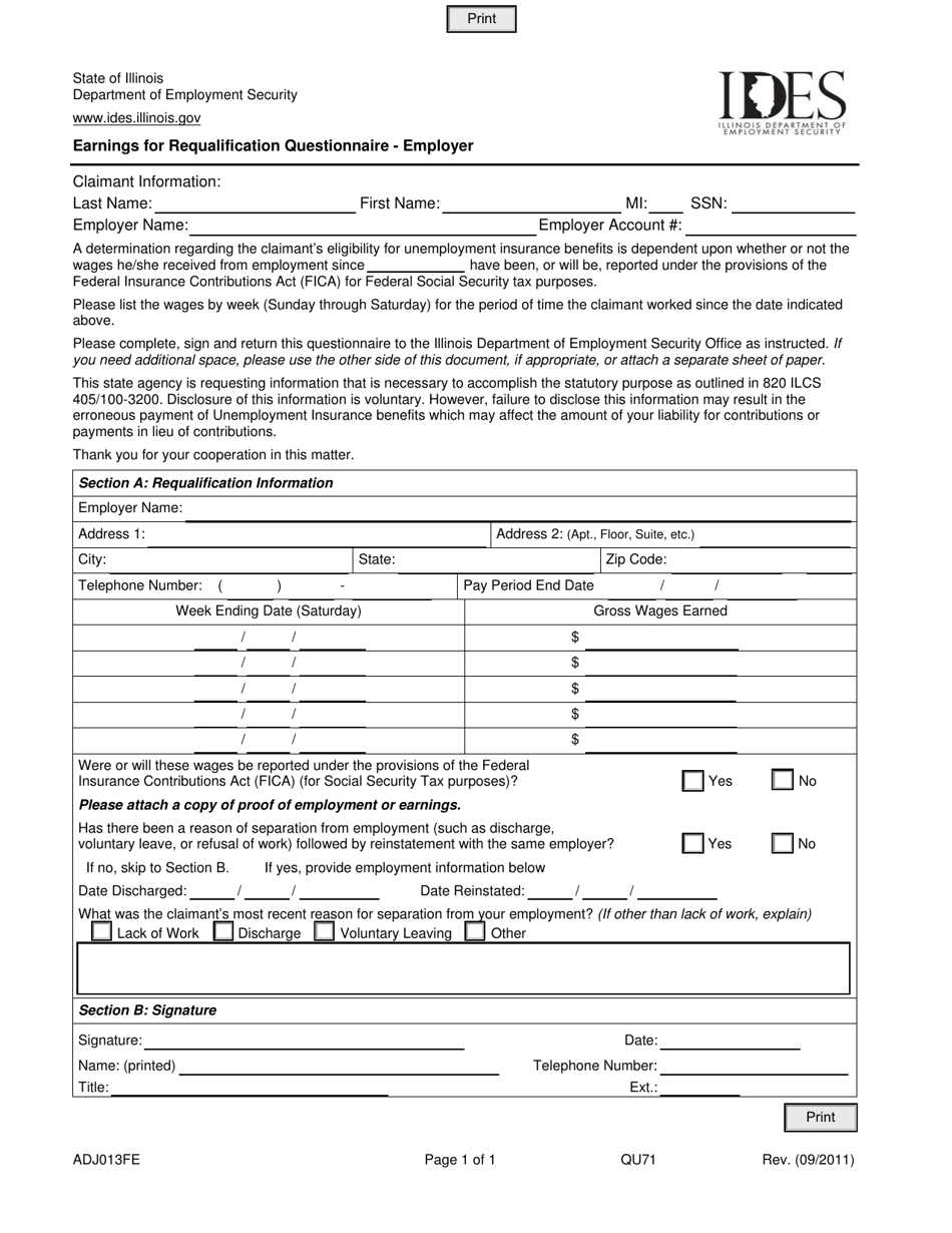 Form ADJ013FE Earnings for Requalification Questionnaire - Employer - Illinois, Page 1