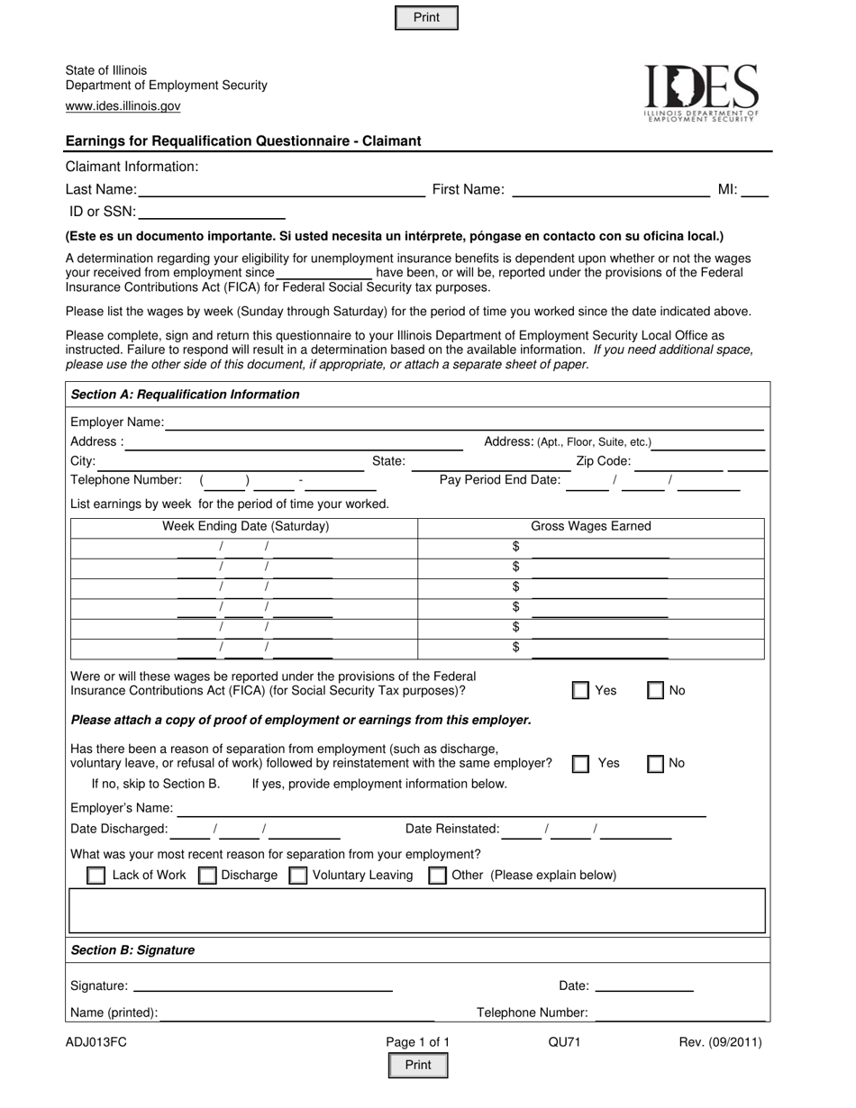 Form ADJ013FC Earnings for Requalification Questionnaire - Claimant - Illinois, Page 1